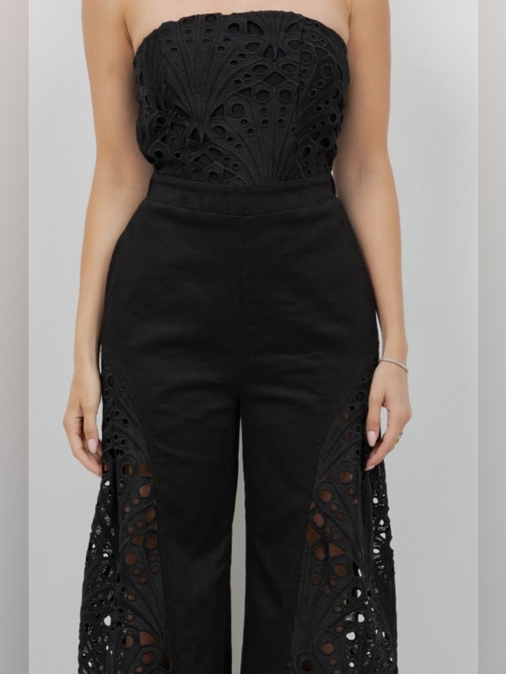 Strapless Black Crochet Wide-Leg Jumpsuit - Picture 11 of 12